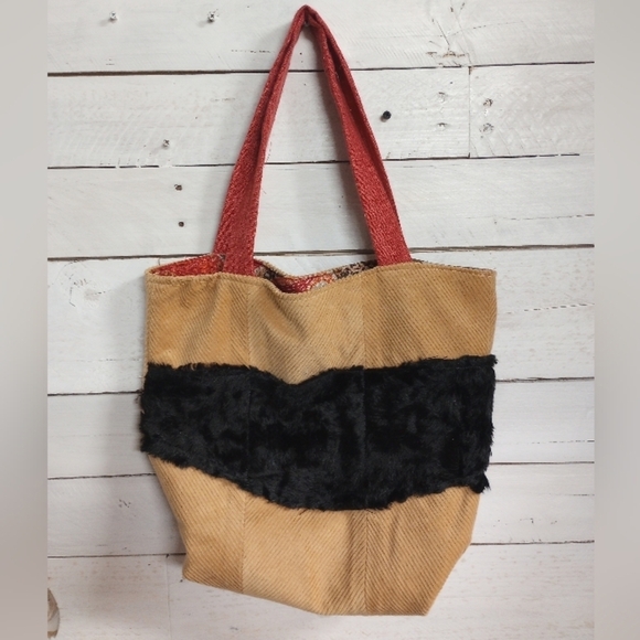 Corduroy and Faux Fur Customised Reworked Tote Bag, Handbag, Carryall, Handcraft - Picture 1 of 12
